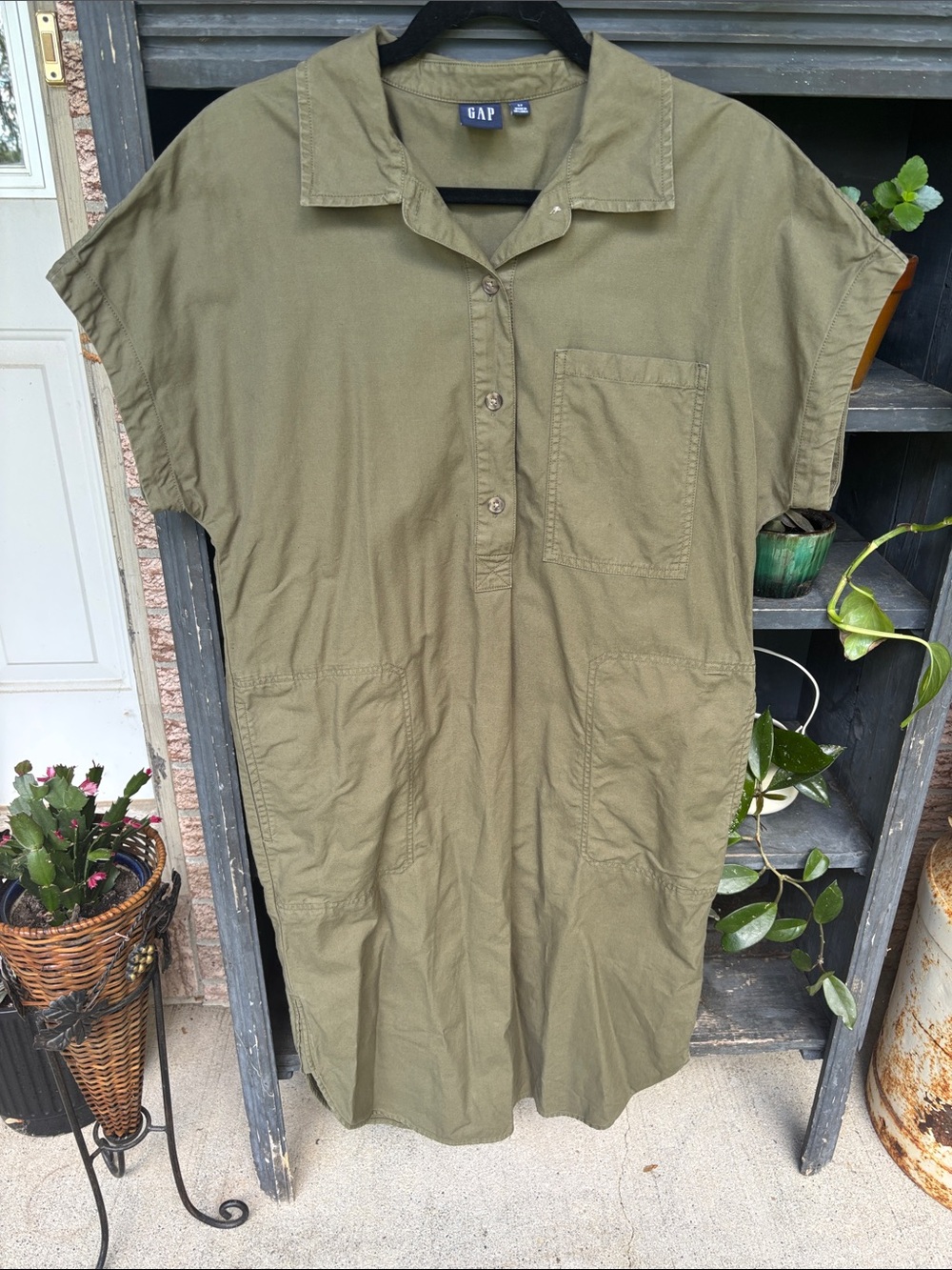 GAP Olive Utility Button-Front Short Sleeve Dress